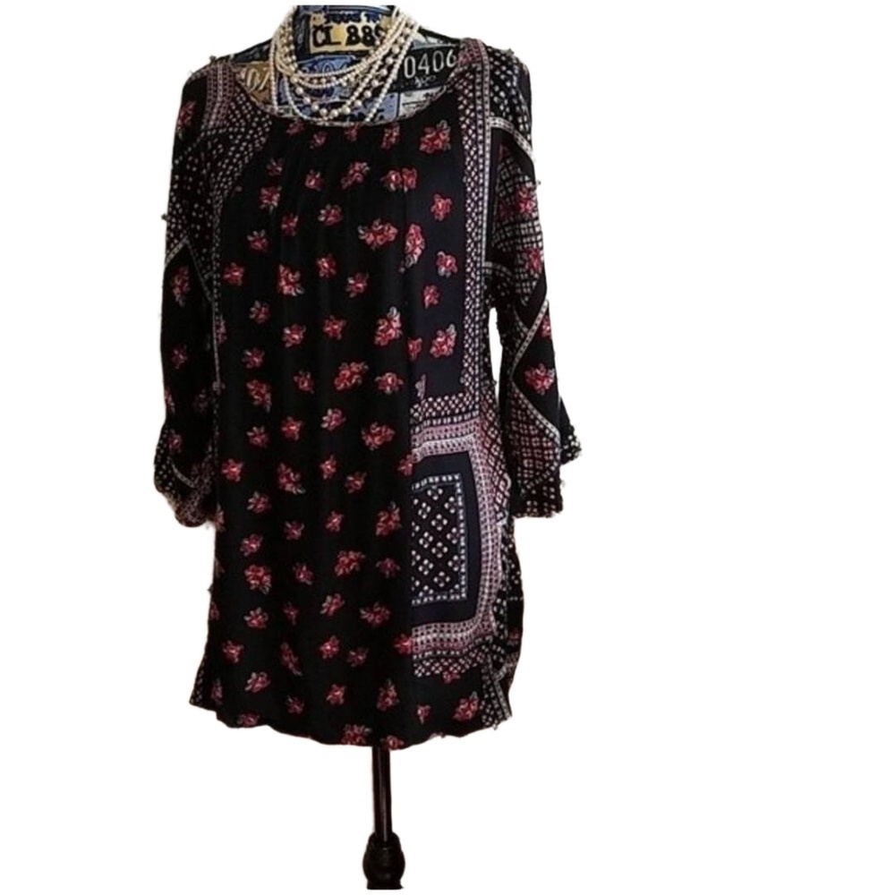 Anthropologie Blue Floral Tunic 3/4 Sleeve Boho Dress Size Medium